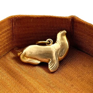 May include: A gold-colored charm in the shape of a seal. The charm is lying on a brown fabric surface.