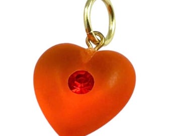 Vintage Orange Heart Charm, Tiny Frosted Heart Pendant, Rhinestone Charm, Retro Plastic Jewelry