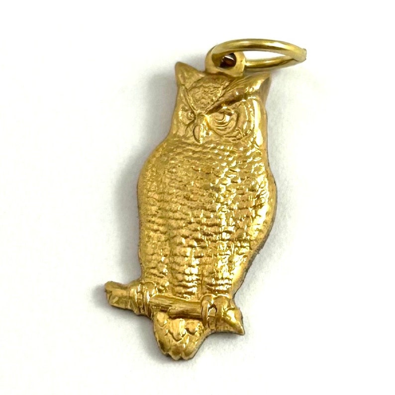 May include: A gold owl charm with a detailed textured design. The owl is perched on a branch and has a ring for attaching to a necklace or bracelet.