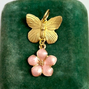 Butterfly pendant, flower pendant, flower jewelry, pink enamel flower charm, spring flower series, gold tone metal, necklace pendants