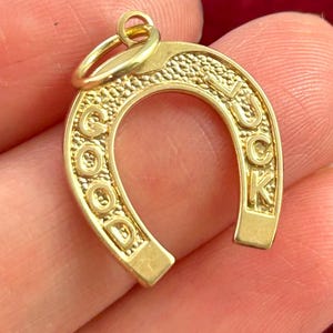 May include: A gold-colored horseshoe charm with the words "GOOD LUCK" inscribed. The charm has a textured surface and a small loop at the top for attaching to a necklace or bracelet. A symbol of good fortune.