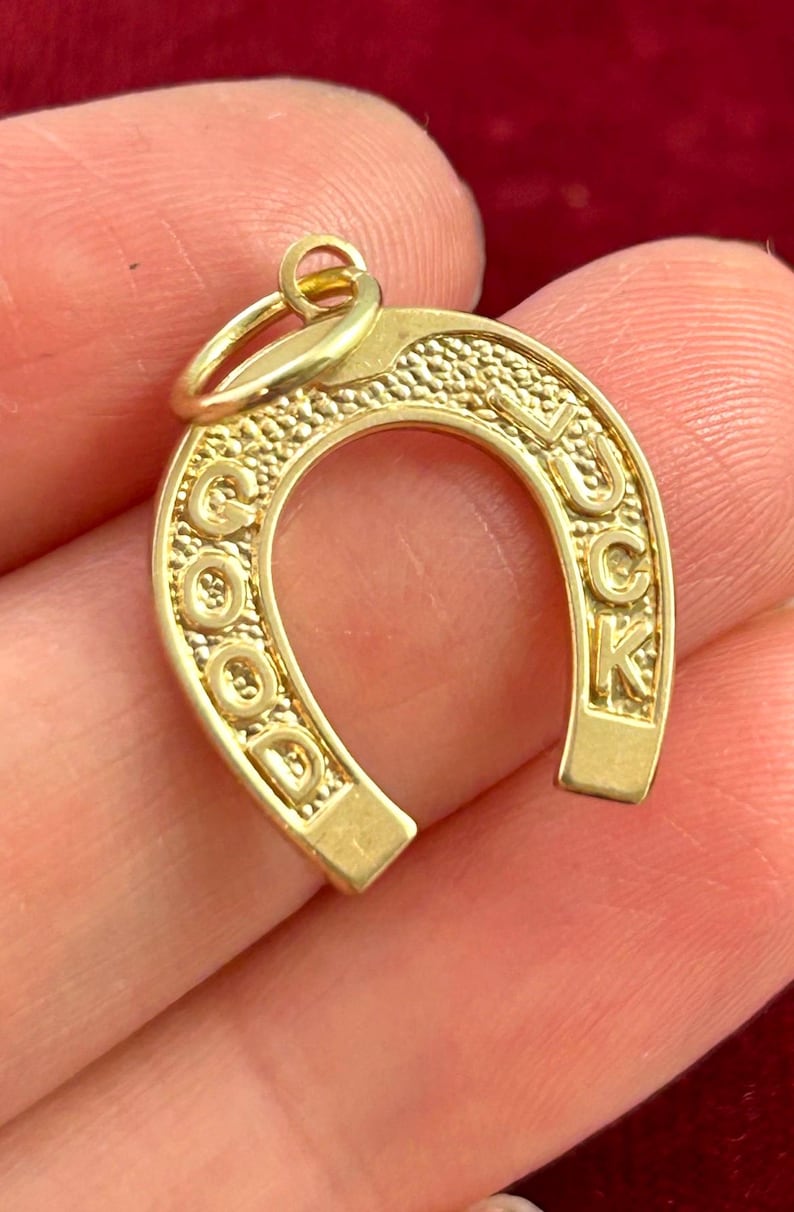 May include: A gold-colored horseshoe charm with the words "GOOD LUCK" inscribed. The charm has a textured surface and a small loop at the top for attaching to a necklace or bracelet. A symbol of good fortune.