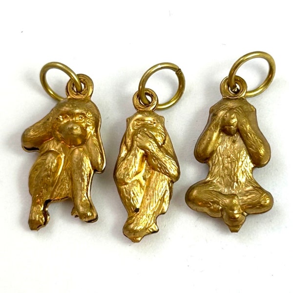 Vintage Charm SET Three Wise Monkeys Hear No Evil, Speak No Evil, See No Evil, Monkey Charms, Vintage Jewelry Lot, Brass Charm Pendants