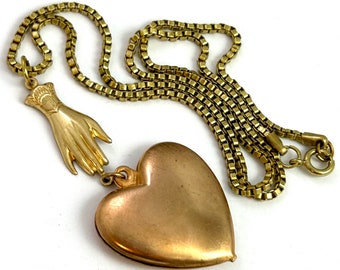 Heart pendant Necklace, Vintage Heart Charm, Brass Heart Charm, Puffy Heart Charm, Vintage charm necklace, Vintage Jewelry, victorian hand