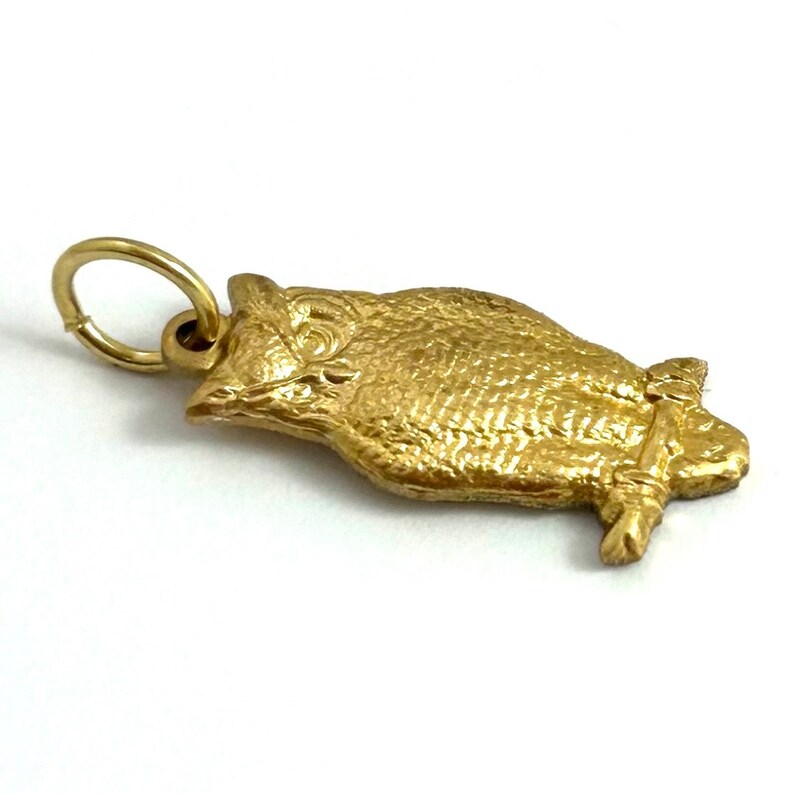 May include: A gold-colored owl charm pendant with a detailed design. The owl is perched on a branch and has a ring for attaching to a necklace or bracelet.