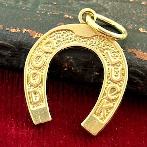 May include: A gold-colored horseshoe charm with the words "GOOD LUCK" embossed on it. The charm has a textured surface and a small loop at the top for attaching to a necklace or bracelet. The background is a deep red.