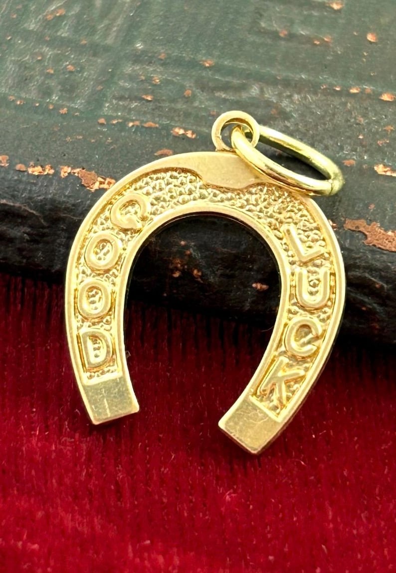 May include: A gold-colored horseshoe charm with the words "GOOD LUCK" embossed on it. The charm has a textured surface and a small loop at the top for attaching to a necklace or bracelet. The background is a deep red.