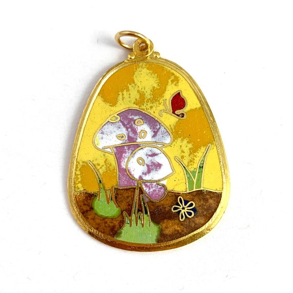 Vintage Enamel Mushroom Pendant: Gold Tone Cloisonne Charm