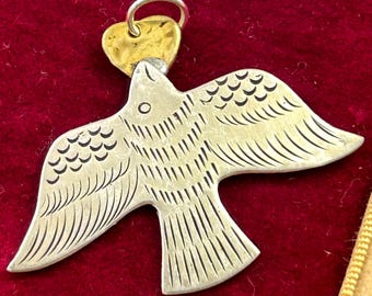 Vintage Flying Bird Charm, Dove Pendant, Peace Bird Necklace Charm, Mixed Metal Heart Charm, Silver Plated Jewelry Charm Brass Accent