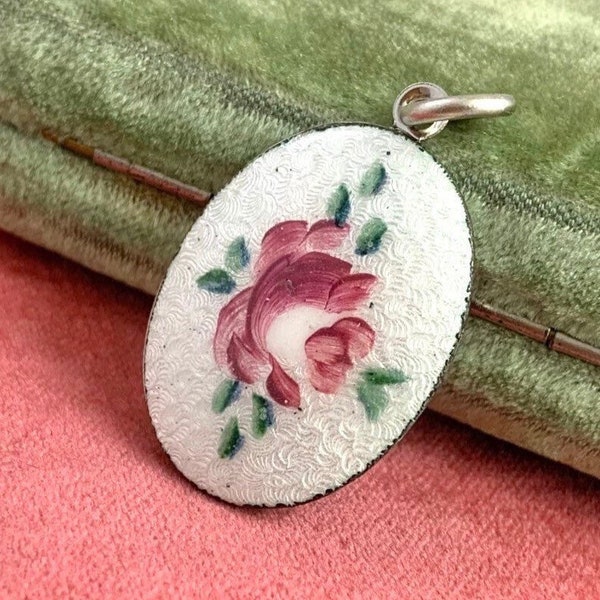 Vintage charm, vintage guilloche enamel charm, pink rose charm, vintage pendant, vintage jewelry, pink flower charm