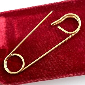 May include: A large gold safety pin on a red velvet background.
