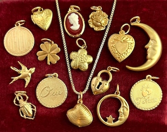 Charm Necklace, Pick A Charm, Charms, Pendants, Lockets, You Choose Charm, Gold Tone Metal Box Chain, Hearts, Bird, Shamrock