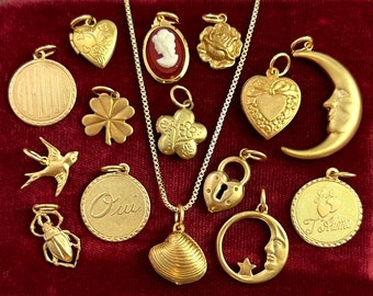 Charm Necklace, Pick A Charm, Charms, Pendants, Lockets, You Choose Charm, Gold Tone Metal Box Chain, Hearts, Bird, Shamrock