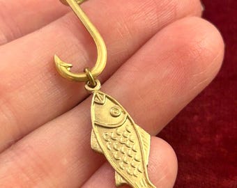 Vintage Fish Charm Dangly Pendant Fish Charm On Fishhook Hook Pendant Brass Charm Handmade Jewelry Gift For Her Fishing Gift Fisherman