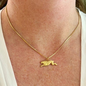 May include: A gold chain necklace with a gold pendant shaped like a running hare.