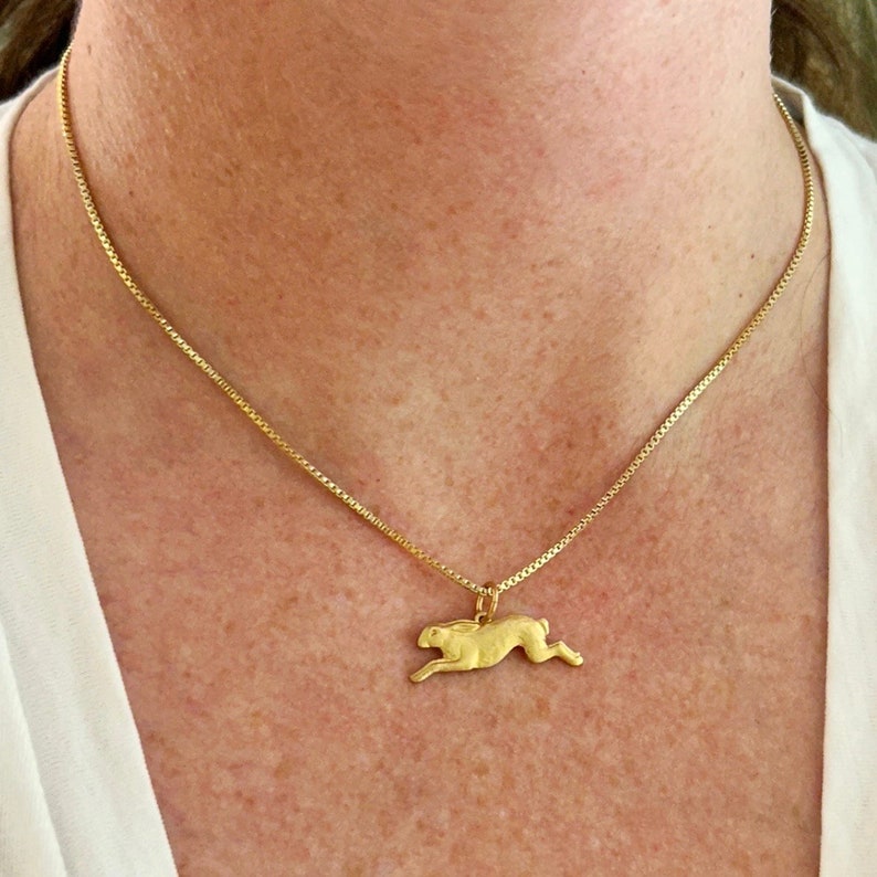 May include: A gold chain necklace with a gold pendant shaped like a running hare.