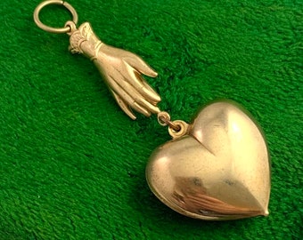 Pendant, Vintage Heart Charm, Brass Heart Charm, Puffy Heart Charm, Victorian Womans Hand, Vintage Jewelry, Heart Jewelry, Vintage Charm