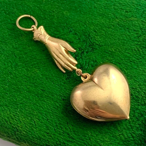 Pendant, Vintage Heart Charm, Brass Heart Charm, Puffy Heart Charm, Victorian Womans Hand, Vintage Jewelry, Heart Jewelry, Vintage Charm