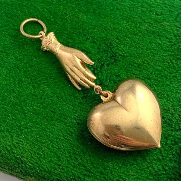 Pendant, Vintage Heart Charm, Brass Heart Charm, Puffy Heart Charm, Victorian Womans Hand, Vintage Jewelry, Heart Jewelry, Vintage Charm