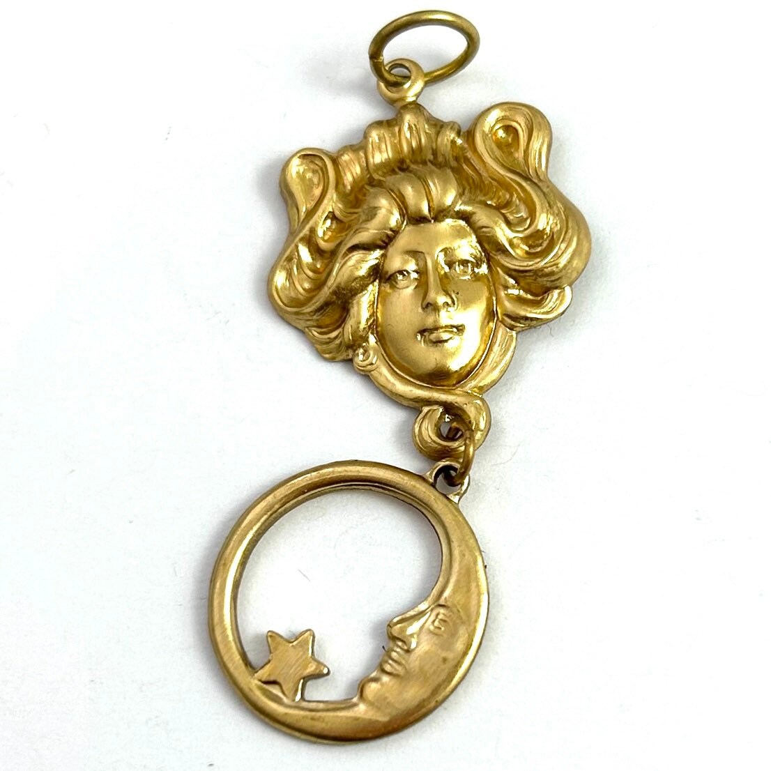 Pendentif Victorien Biface Lune Avec 2 Visages - Argent Massif 925 - Breloque Ancienne - Occasion