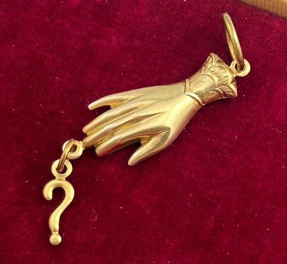 Necklace Pendant With Question Mark, Unique Jewelry For Women, Victorian Hand, Brass Metal Stamping