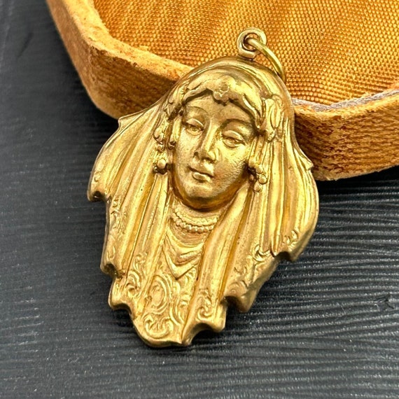 Vintage Brass Art Deco Woman Charm: Ornate Jewelry Pendant