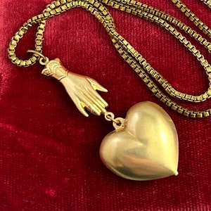 Heart pendant Necklace, Vintage Heart Charm, Brass Heart Charm, Puffy Heart Charm, Vintage charm necklace, Vintage Jewelry, victorian hand