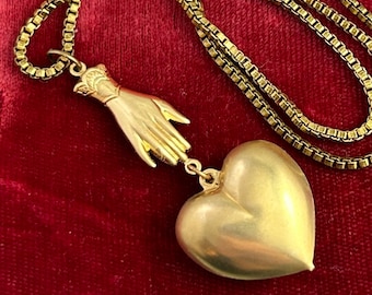 Heart pendant Necklace, Vintage Heart Charm, Brass Heart Charm, Puffy Heart Charm, Vintage charm necklace, Vintage Jewelry, victorian hand