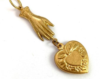 Pendant, Vintage Heart Charm, Brass Heart Charm, Puffy Heart Charm, Victorian Womans Hand, Vintage Jewelry, Heart Jewelry, Vintage Charm