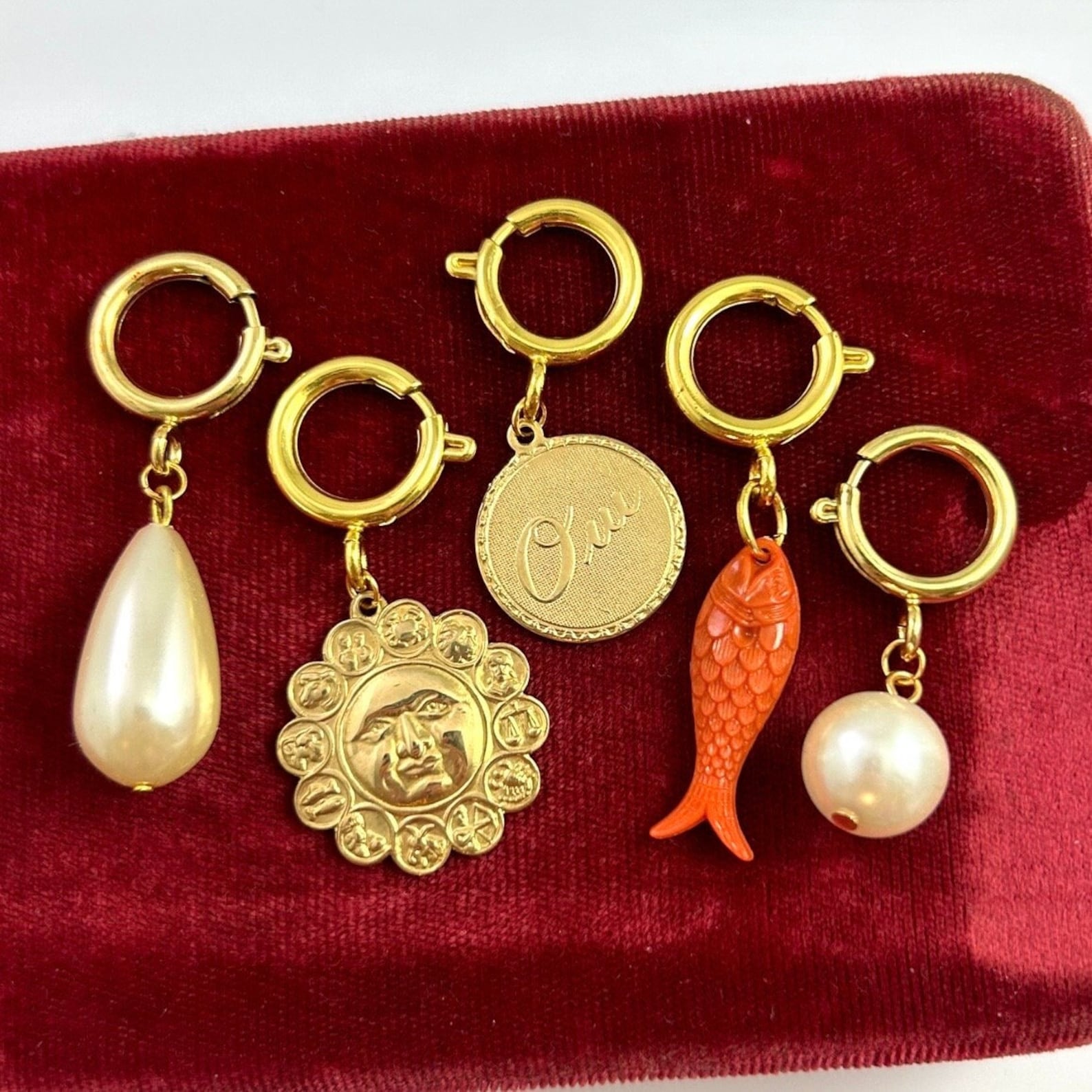 Zodiac Spring Clips Clip on Charms Astrology French Oui Yes Charm Faux Pearl Drop Fish ...