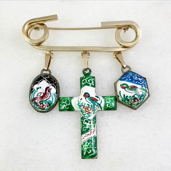 Vintage Safety Pin Brooch, Hand Painted Persian Ch