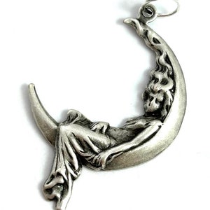 Woman on Moon, Woman Crescent Moon Charm, Moon Necklace Pendant, Moon Charm, Silver Tone Metal Stamping Charm, Crescent Moon image 4