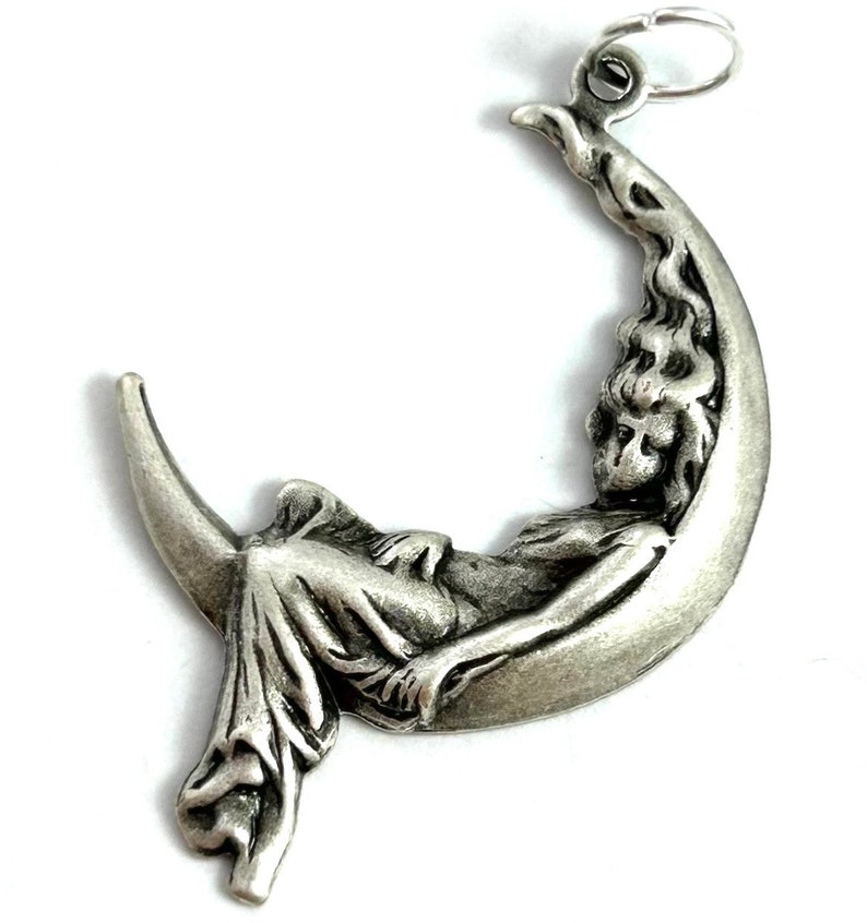 Woman on Moon, Woman Crescent Moon Charm, Moon Necklace Pendant, Moon Charm, Silver Tone Metal Stamping Charm, Crescent Moon image 4