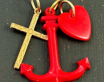 Vintage Charm Set: Gold Cross, Red Anchor, Heart Charms