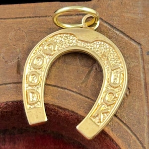 May include: A gold-colored horseshoe pendant with the words "GOOD LUCK" embossed on it. The pendant has a textured surface and a small loop at the top for a chain. The horseshoe is a classic symbol of good fortune.