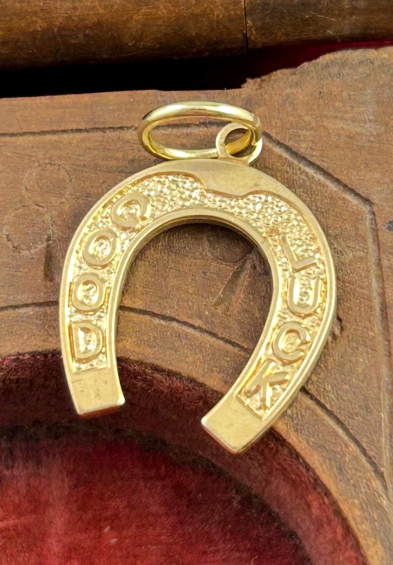 May include: A gold-colored horseshoe pendant with the words "GOOD LUCK" embossed on it. The pendant has a textured surface and a small loop at the top for a chain. The horseshoe is a classic symbol of good fortune.