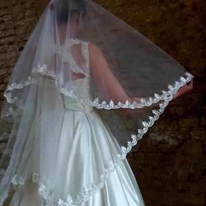 Lace veil with blusher veil French lace veil in two tier Lace wedding veil mantilla veil lace trim veil boho veil with blusher Short veil