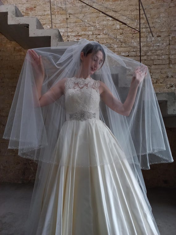 Two tiered veil with delicate lace, pearls in blusher Elegant Two-Tier Pearl Bridal Veil – Tessa Kim main image 4