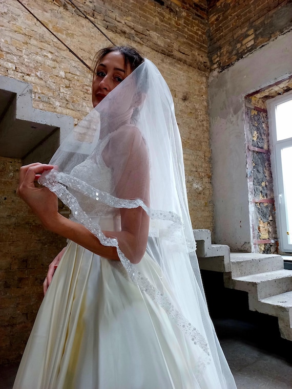 Blusher Veil With Beaded Veil Wedding Veil Two Tier Sequins  display picture 1