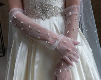 Guantes de novia largos de perla para boda, guantes de novia de tul, elegantes guantes de perla, mangas de boda, guantes de boda largos de perla con dedos de perlas