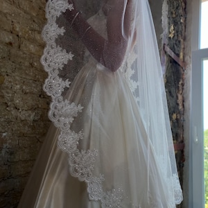 Mantilla veil lace trim veil Short mantilla veil in knee length veil Wedding veil lace veil Length cathedral veil glitter veil trim