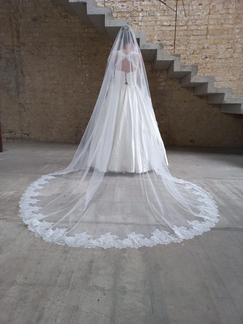 Сathedral veil lace veil trim Wedding veil chantilly lace veil Spanish veil lace trim veil floor length veil Wide mantilla veil lace trim image 5
