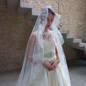 Сathedral veil lace veil trim Wedding veil chantilly lace veil Spanish veil lace trim veil floor length veil Wide mantilla veil lace trim image 4