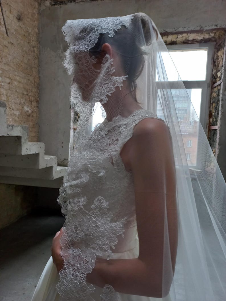 Сathedral veil lace veil trim Wedding veil chantilly lace veil Spanish veil lace trim veil floor length veil Wide mantilla veil lace trim image 8