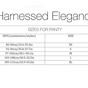 以下が含まれることがあります： 「Harnessed Elegance」の文字と、パンティーのサイズ表が描かれた白いグラフィック。ヒップのサイズがセンチメートルとインチで記載されており、85cmから115cmまで、XSからXLのサイズに対応しています。