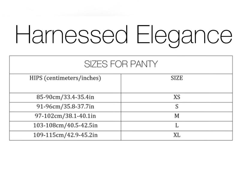 以下が含まれることがあります： 「Harnessed Elegance」の文字と、パンティーのサイズ表が描かれた白いグラフィック。ヒップのサイズがセンチメートルとインチで記載されており、85cmから115cmまで、XSからXLのサイズに対応しています。