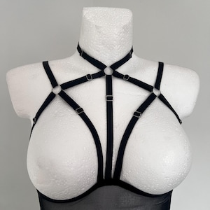 May include: Black lingerie harness with a strappy design. The harness features a choker-style neckline, straps across the chest, and a sheer mesh panel at the bust. Metal rings and adjustable sliders are used to connect the straps.