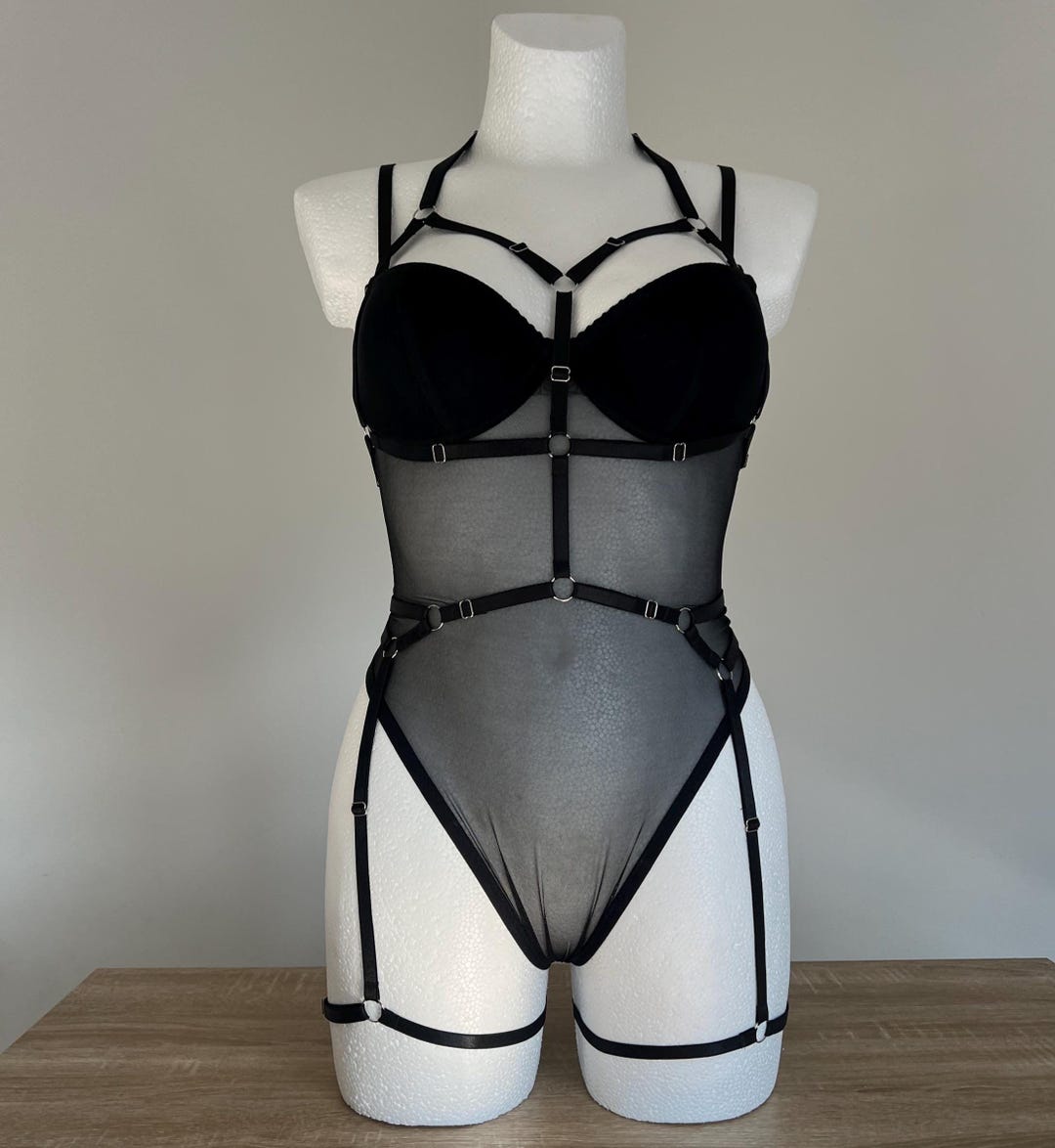 Black See Through Bodysuit With Harness - Mesh Bodysuit in Custom Size ...