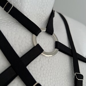 以下が含まれることがあります： シルバーカラーの金属製ハードウェアを備えた黒色のハーネス。ハーネスは、調節可能なストラップと中央の大きな円形リングが特徴です。ストラップは胸と肩の上で交差しており、ユニークなデザインになっています。