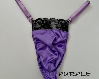 Paarse herenstring, satijnen string ondergoedset, verstelbare gay sissy-lingerie, vijfdelige speelse twink pantycollectie